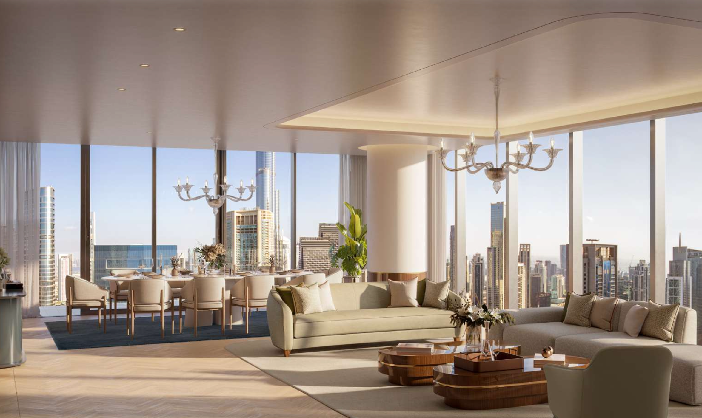 Luxury living room with Burj Khalifa skyline views and chandelier detailing