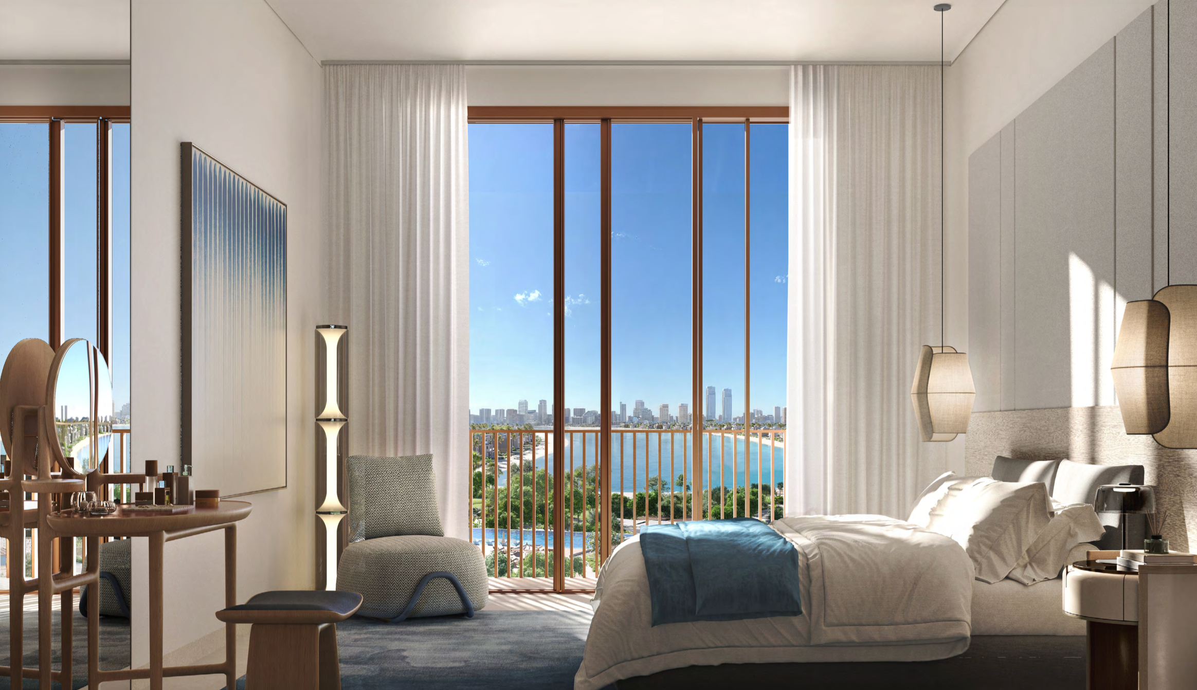 Luxury bedroom suite with panoramic sea views and contemporary coastal interiors.