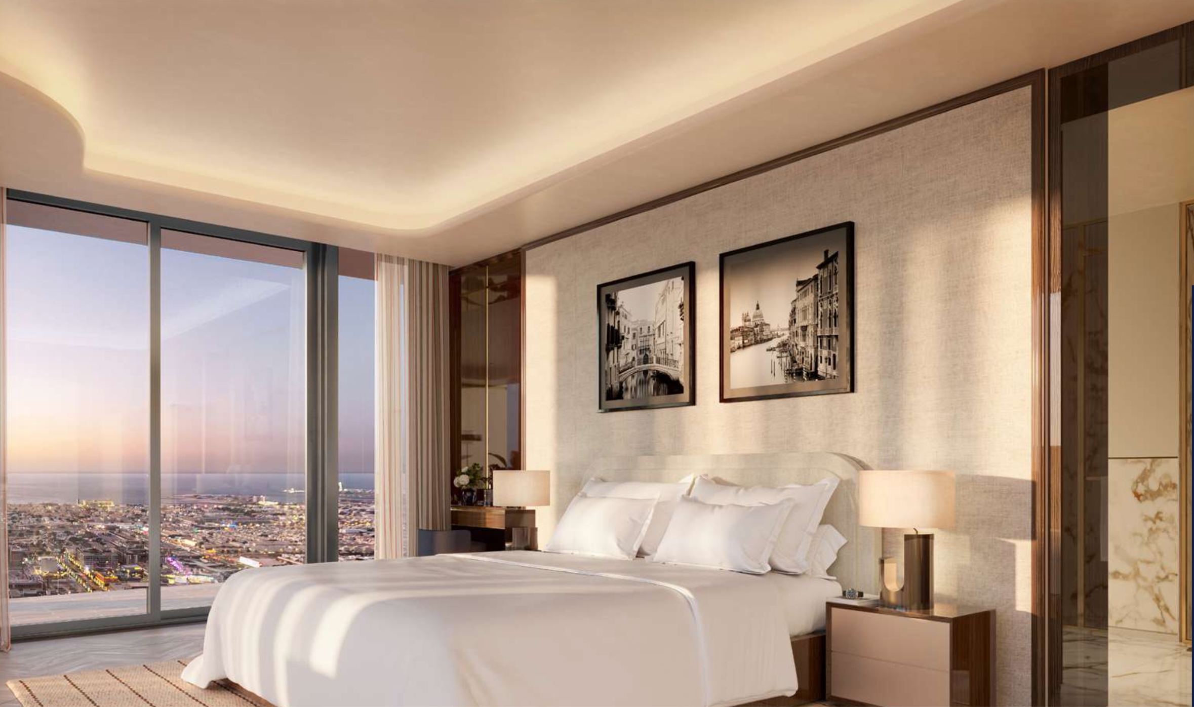 Elegant bedroom suite overlooking Downtown Dubai skyline at sunset