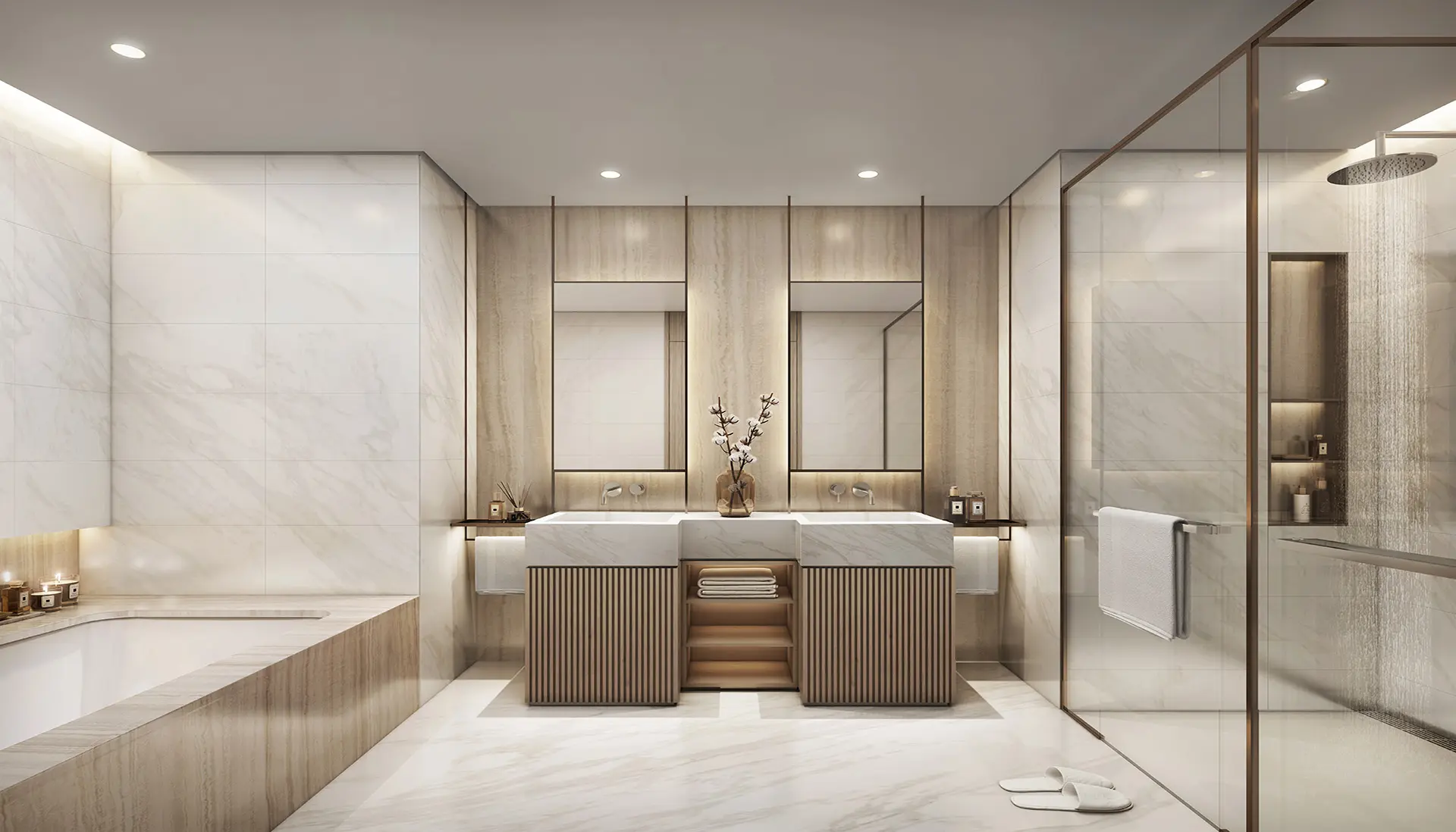Luxury marble bathroom with designer shower and refined contemporary finishes.
